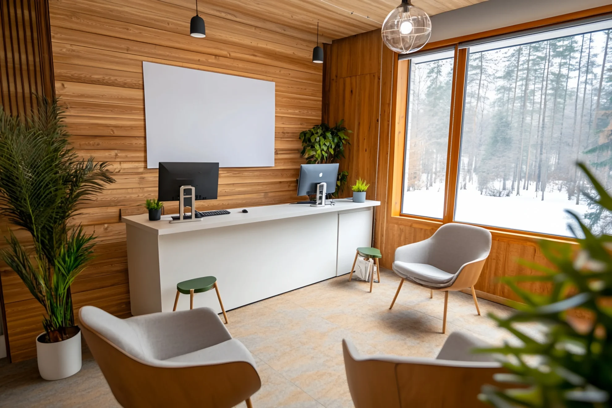 modern office reception area with wooden walls and winter view photo 1